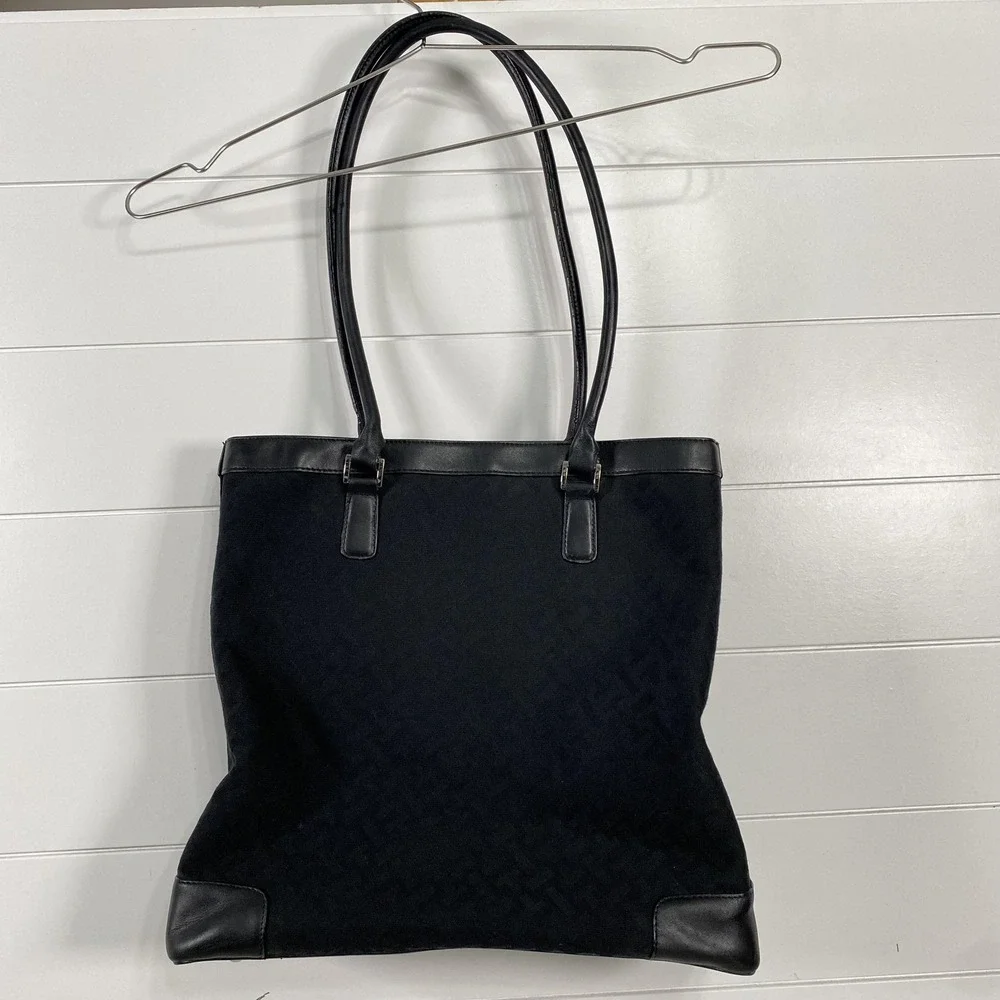 Talbots Tote Bag Womens Black Shoulder Bag Leather Trim Logo Monogram Handbag